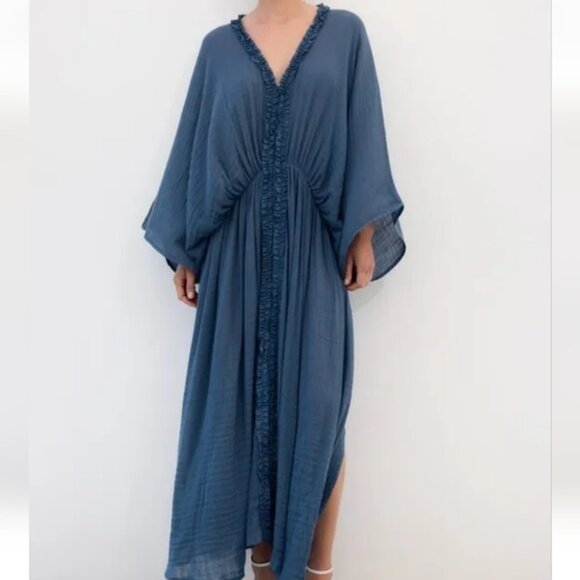ZARA Cotton Kaftan Blue Dolman Sleeve Crinke Texture Oversize Ruffle Size Small - Picture 1 of 14
